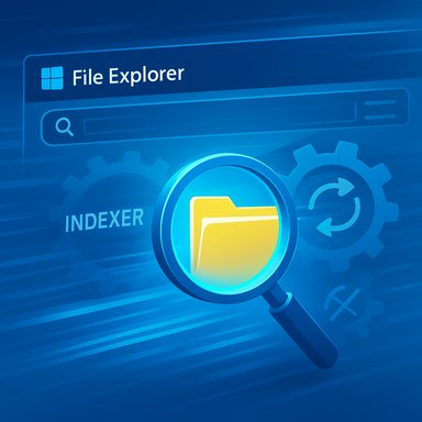 Blue digital illustration of a File Explorer with a magnifying glass over a yellow folder, gears in the background. Blue digital illustration of a File Explorer with a magnifying glass over a yellow folder, gears in the background.