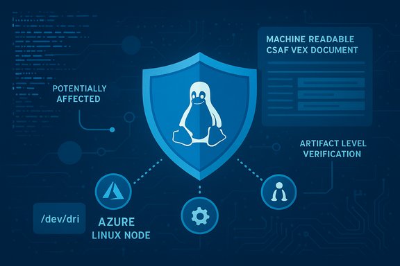 Blue cybersecurity infographic featuring a Linux penguin shield, Azure node, and artifact verification.