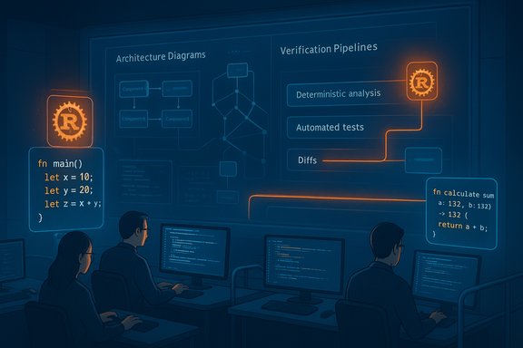 A team of engineers reviews architecture diagrams and verification pipelines on a blue-lit wall.