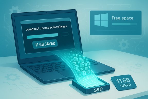 Laptop shows 11 GB saved as data streams into an SSD.