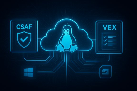 Neon blue cloud hub with the Linux mascot, flanked by CSAF and VEX security panels.