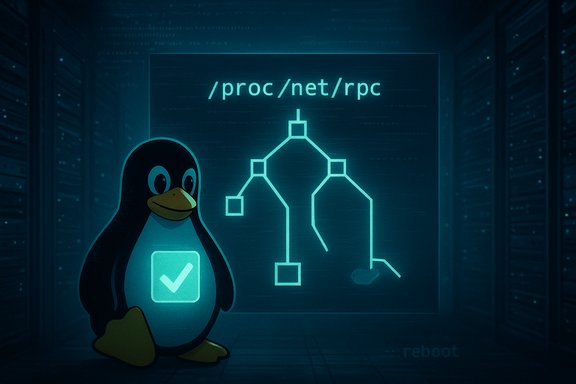 Tux the Linux penguin beside a glowing /proc/net/rpc diagram in a server room.