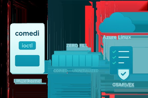Diagram showing a Linux kernel ioctl data flow from comedi to Azure Linux with zero-fill and CSAF VEX.