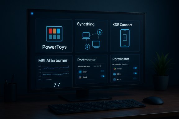 A dark desk setup featuring a monitor with a neon blue dashboard of app tiles and charts.