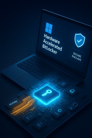 Laptop displays hardware-accelerated BitLocker with a secure enclave and a glowing key on a circuit board.