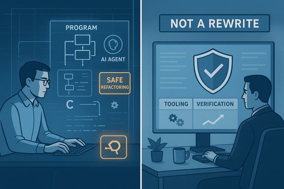 Split-panel scene: left shows AI-assisted safe refactoring; right shows “Not a Rewrite” with tooling and verification.