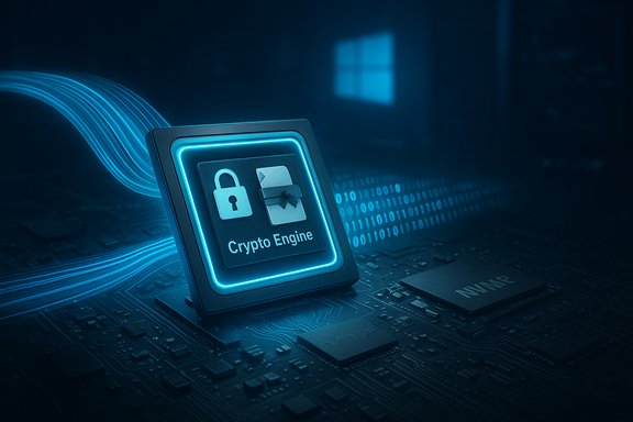 Blue neon 'Crypto Engine' tile on a circuit board, symbolizing secure data encryption.