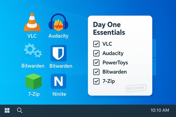 Windows desktop showing a white Day One Essentials checklist for VLC, Audacity, PowerToys, Bitwarden and 7-Zip.