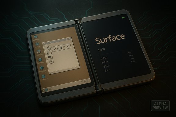 A futuristic dual-screen Surface device open to a retro Windows 95 desktop.