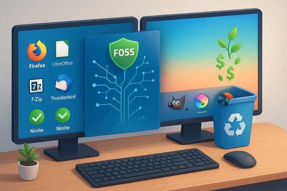 Dual-monitor desk setup showcasing a FOSS shield and open‑source app icons, with a recycling bin and a small plant.