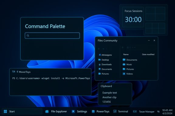 Futuristic Windows desktop with neon blue translucent panels labeled Command Palette, Files Community, Clipboard.