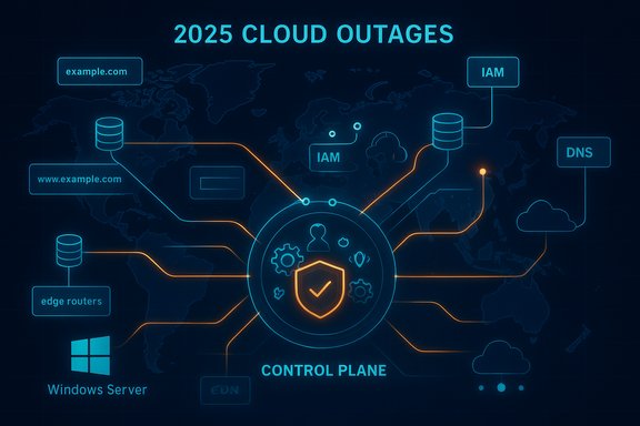 Neon world-map showing 2025 cloud outages, with a central control plane linking global services.
