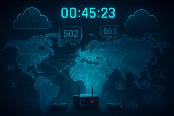 Neon-blue world map with routers, clouds, and global network links.