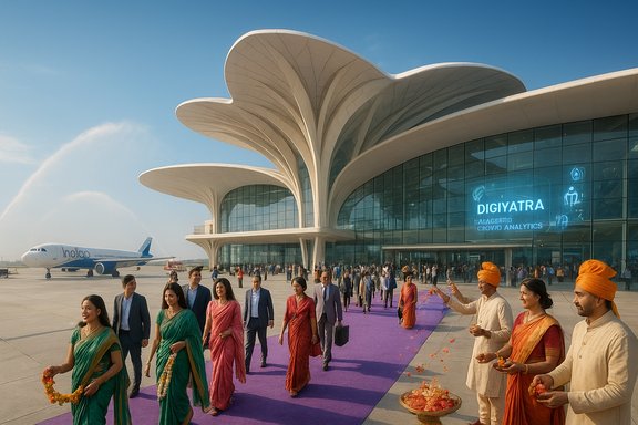 A ceremonial welcome on a purple carpet outside a futuristic petal-shaped airport terminal.