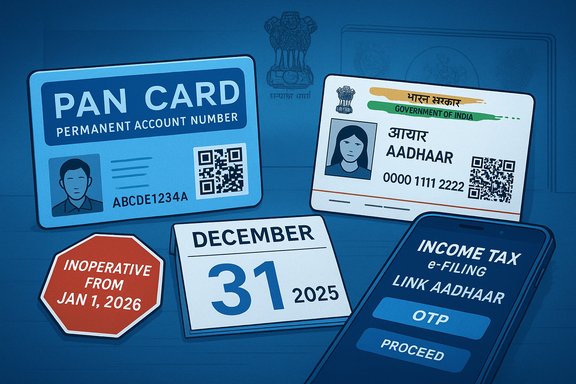 Indian PAN and Aadhaar cards with a tax app and a warning: inoperative from Jan 1, 2026.