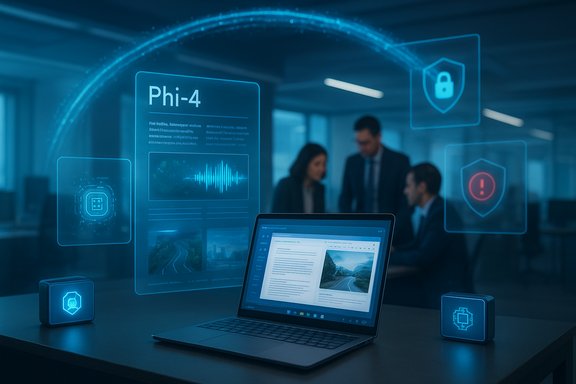 Futuristic holographic Phi-4 dashboard hovering above a laptop in a security-focused office.