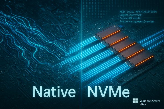 Split-screen graphic comparing Native vs NVMe storage on Windows Server 2025.