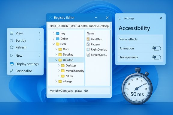 Blue Windows-like desktop showing Registry Editor, Settings, and a stopwatch reading 50 ms.