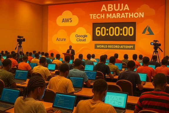 Abuja Tech Marathon: attendees coding on laptops for a world record attempt.