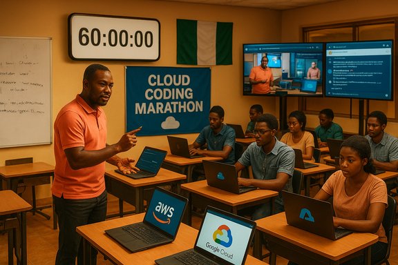 Instructor leads a Cloud Coding Marathon class as students work on laptops.