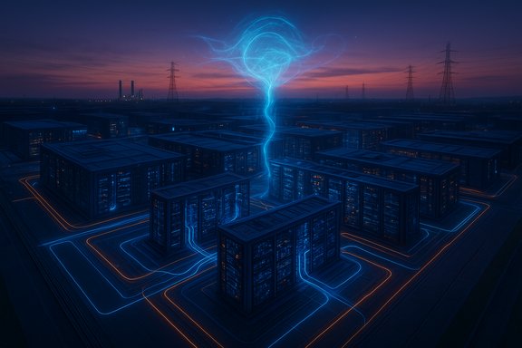 Futuristic data center with glowing blue energy streams forming a vortex above rows of servers.