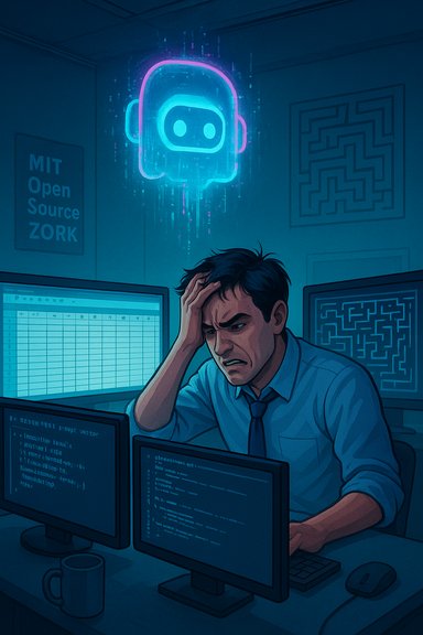 Stressed coder at a desk of monitors as a glowing neon AI head hovers overhead.