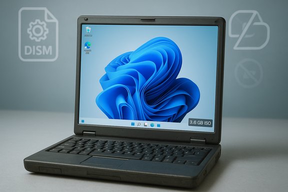 A vintage laptop on a desk displaying a Windows desktop with a blue abstract wallpaper.