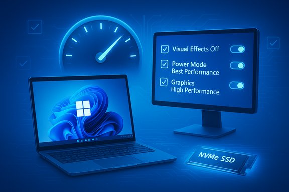 Blue-tinted tech setup with Windows laptop, monitor showing performance settings, and an NVMe SSD.