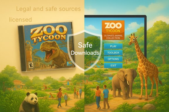 Split-screen Zoo Tycoon artwork with a Safe Downloads shield in the center.