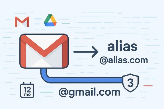 Illustration of a Gmail alias flow: alias@alias.com linked from the Gmail logo.
