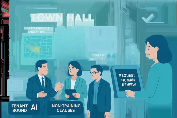 Town hall on AI policy featuring tenant-bound AI, non-training clauses, and a request-for-human-review screen.