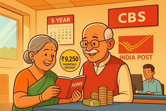 An elderly Indian couple at India Post discussing their POMIS monthly payout.