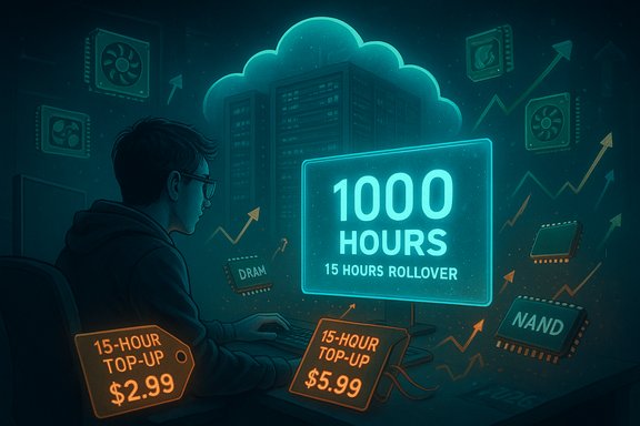 Person at a computer beside neon cloud data-center art, displaying 1000 HOURS with 15-hour rollover.
