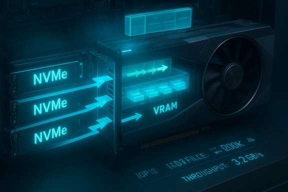 Inside a PC, glowing NVMe SSDs feed data to VRAM on a GPU.