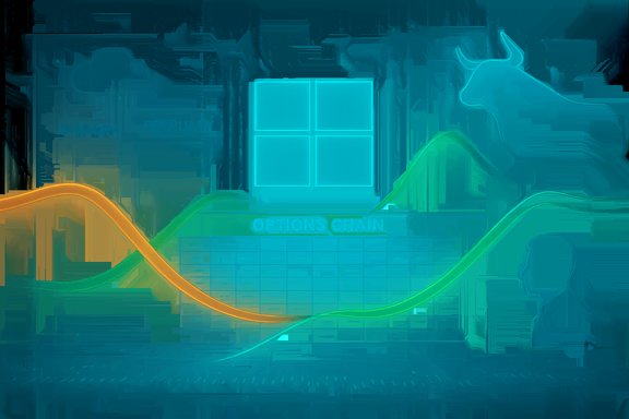 Neon finance-themed scene with Windows logo, market curves, and bull and bear silhouettes.