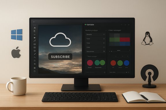 A tidy desk setup with a monitor displaying a cloud 'subscribe' graphic, plus a keyboard, notebook, and OS logos. A tidy desk setup with a monitor displaying a cloud 'subscribe' graphic, plus a keyboard, notebook, and OS logos.