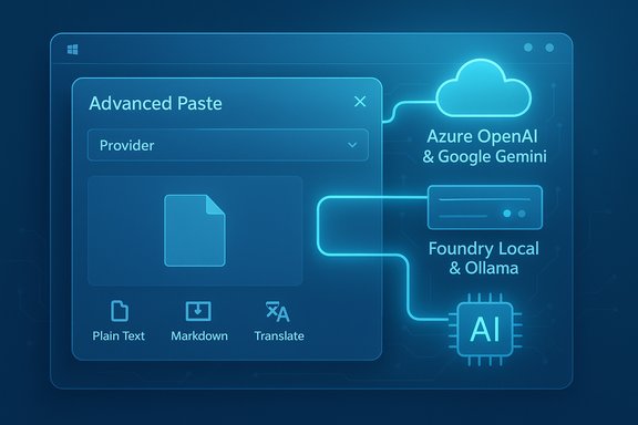 Futuristic blue UI showing an Advanced Paste dialog with Azure OpenAI, Google Gemini, and local AI options.