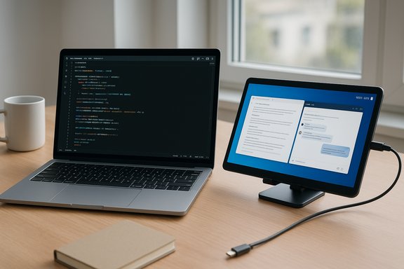 Laptop with code on screen and a tablet showing a chat app on a desk by the window.