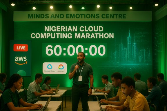 Speaker hosts the Nigerian Cloud Computing Marathon as a 60:00:00 countdown on stage. Speaker hosts the Nigerian Cloud Computing Marathon as a 60:00:00 countdown on stage.