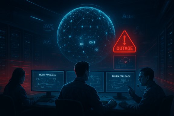 IT team monitors DNS topology on screens as a glowing globe looms with a red outage warning.