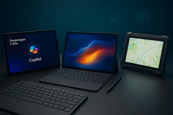 A trio of devices—a Copilot tablet, a sleek laptop, and a rugged tablet with a map.