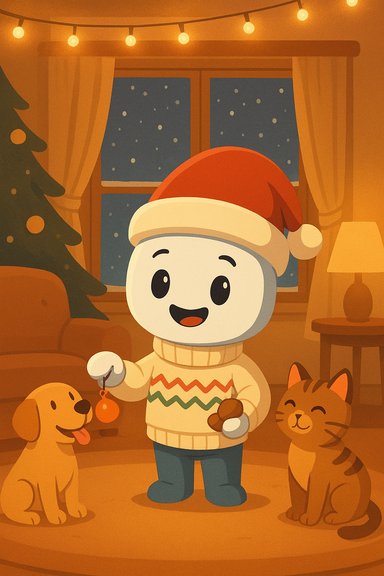 A cute character in a Santa hat and sweater gives ornaments to a dog and cat in a cozy, festive living room.