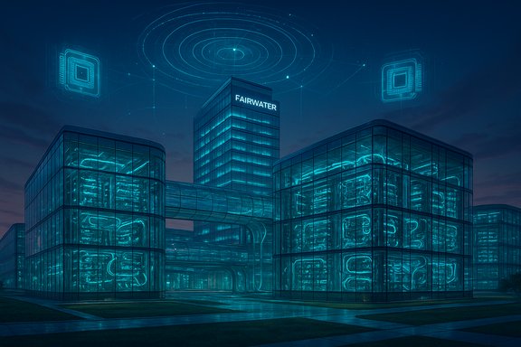 Futuristic glass campus glowing in neon blue with a central FAIRWATER tower and holographic rings overhead.