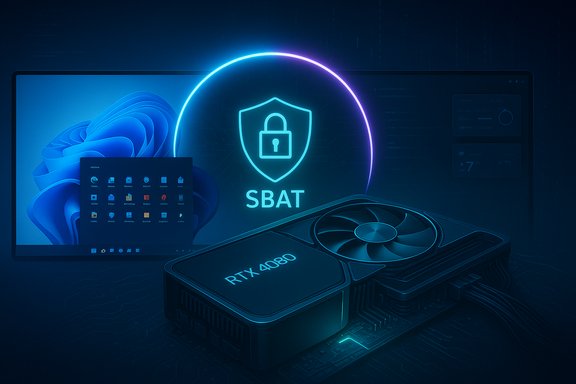 Neon security shield with a lock and SBAT hovers over an RTX 4080 GPU and monitor.