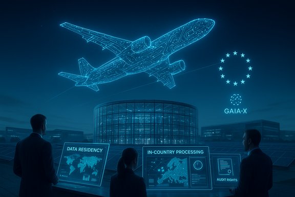 Futuristic control room with a neon holographic airplane, Gaia-X logo, and analytics dashboards.