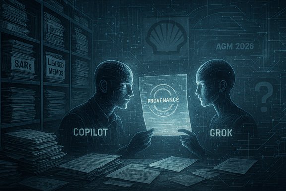 Copilot and Grok study a provenance document in a dim, data-driven archive.