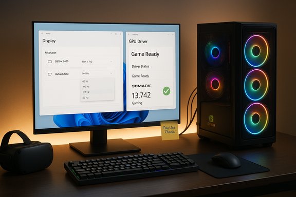 RGB-lit gaming PC with monitor showing display and GPU status, keyboard, mouse, and VR headset.