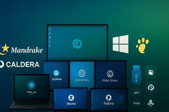 A collage of Linux distributions and a Windows logo displayed across multiple laptops and screens.