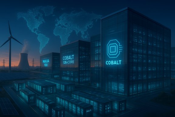 Futuristic data center complex with cobalt-branded servers, a wind turbine, and a glowing world map.