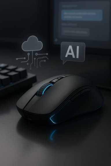 Sleek wireless gaming mouse with blue LED glow beside AI and cloud circuit icons.